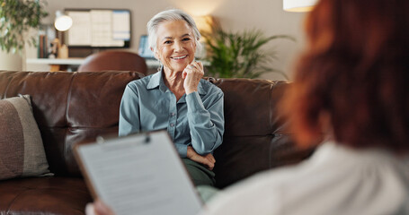 Poster - Psychologist, clipboard and senior woman with smile and office from mental health assessment in consultation. Help, support and care with counseling, psychology and evaluation with advice in office