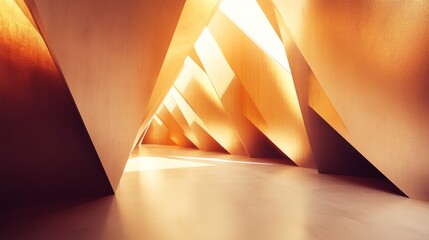 Aufkleber - Abstract geometric interior space with golden angled structures, captivating light reflections, showcasing modern architecture and design creativity in a minimalist setting