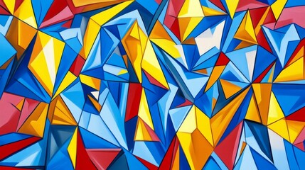 Poster - abstract geometric art with bright yellow, blue, and red tones featuring dynamic shapes and vibrant 