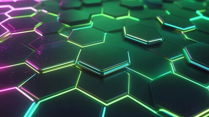 Aufkleber - Vibrant Neon Hexagonal Pattern with Glossy Surface and Futuristic Glow on a Dark Background for Backgrounds, Textures, or Abstract Concepts