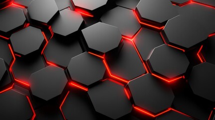 Poster - Futuristic Dark Hexagonal Pattern with Neon Red Lines Illuminating the Edges in a Modern and High-Tech Design for Backgrounds and Textures