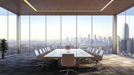 Poster - Modern boardroom with a large window view of a cityscape