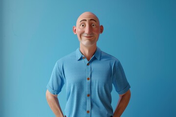 Happy cartoon man smiling with blue shirt, bald head and blue background.