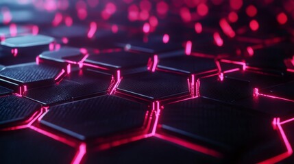 Aufkleber - Abstract close-up of a futuristic hexagonal pattern illuminated with glowing pink lines, creating a mesmerizing sci-fi landscape that evokes virtual technology.