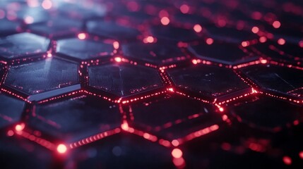 Poster - abstract futuristic background with interconnected hexagons illuminated by neon red lights creating 