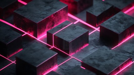 Aufkleber - Abstract geometric composition with illuminated cubes and neon lines creating a futuristic environment showcasing depth and perspective in modern design