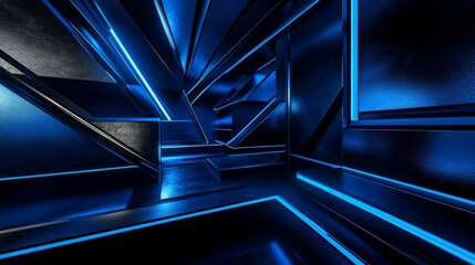 Leinwandbilder - Futuristic Blue Neon Infinite Tunnel With Abstract Geometric Shapes And Reflections Creating A Sci-Fi Atmosphere Perfect For Technology And Digital Designs