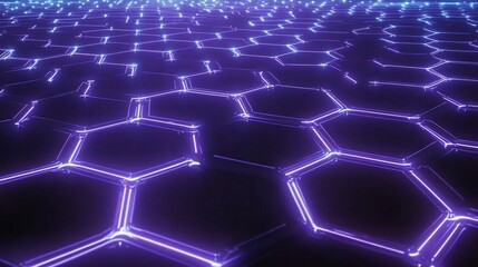 Poster - futuristic hexagonal grid with neon blue and purple lights illuminating a digital landscape in a 3d 