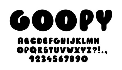 Poster - Bold bubble font. Bold typescript. Y2K alphabet. Groovy letters and numbers. Black and white hand drawn round typeface isolated on white background