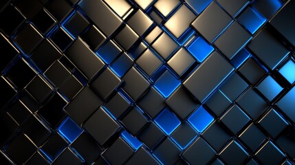 Poster - Abstract geometric background with shiny cubes and modern design elements in a sleek black and blue color palette, ideal for digital visuals and creative presentations.