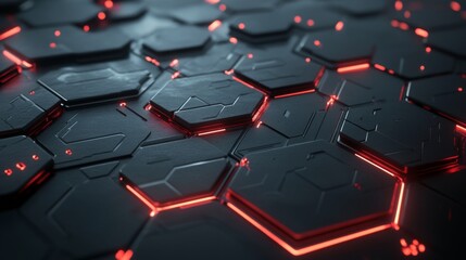 Poster - Futuristic Dark Hexagonal Pattern with Neon Red Glow, High-Tech, Digital Aesthetic, Abstract Design, Modern Background for Technology and Innovation Themes