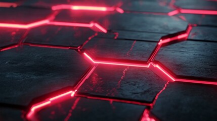 Aufkleber - Futuristic Hexagonal Pattern with Glowing Red Neon Lights on Dark Surface, Abstract Technology Background for Modern Design Projects