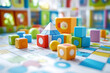 © chok - Colorful children 3D geometric shapes scattered on playful mat, featuring various blocks and pyramid. Perfect for stimulating creativity and learning