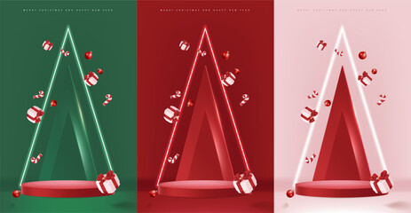 Wall Mural - merry christmas and happy new year banner with red product display cylindrical shape and christmas t