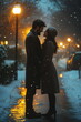 © PlanoDigitalArt - A couple stands close together in the snow, their faces illuminated by the warm glow of streetlights, as they share a romantic moment.