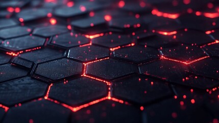 Aufkleber - Abstract close-up view of a dark hexagonal surface with glowing red elements in between, creating an energetic and futuristic visual design, suitable for technology and innovation themes