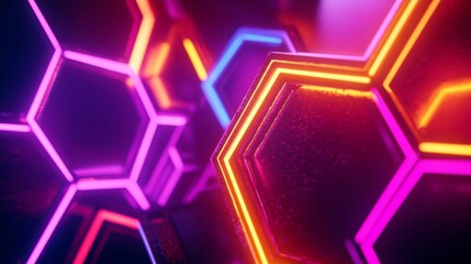 Aufkleber - Vibrant Neon Hexagonal Patterns with Glowing Edges Creating a Futuristic Abstract Background for Digital Art, Technology, and Creative Projects
