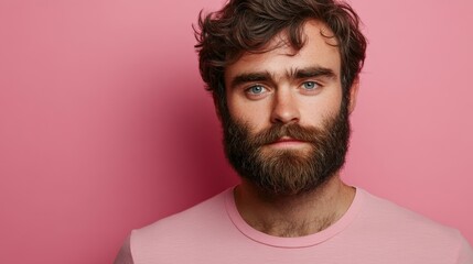 Young man with a beard posing against a pink background at daytime