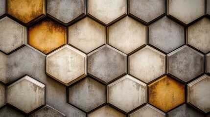 Poster - High-Resolution Close-Up of Textured Honeycomb Pattern in Warm Tones Featuring Shades of Beige, Brown, and Gold with Metallic Accents and Distressed Finishes