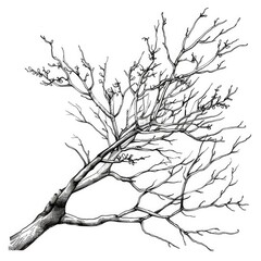 Branch Sketch. Hand drawn black and white illustration of tree branch in autumn landscape isolated on white background
