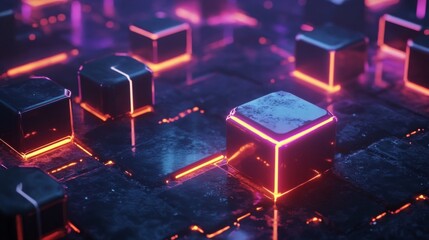 Aufkleber - Futuristic Abstract Background of Glowing Neon Cubes on a Dark Surface with a Mysterious and High-Tech Aesthetic for Digital or Graphic Design Projects