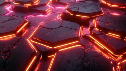 Aufkleber - Futuristic Neon Hexagonal Patterns on a Textured Surface Highlighted by Vibrant Pink and Orange Glowing Lights in a Digital Matrix Environment