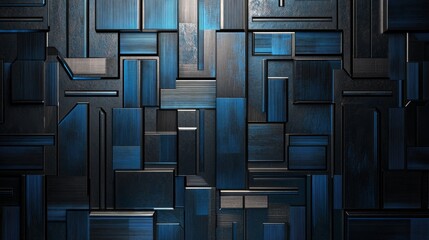 Poster - Dark Blue Abstract Geometric Background with Textured Blocks Creating Depth and Dimension in a Modern Interior Design Style
