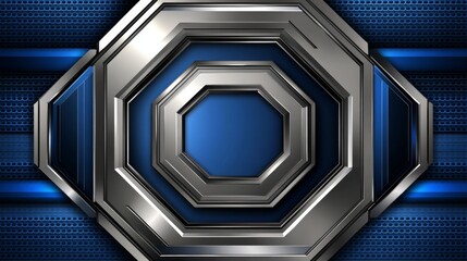 Poster - Metallic Hexagonal Design on Blue Background with Textured Elements for Modern Graphic Projects and Website Backgrounds, Ideal for Technology and Abstract Themes