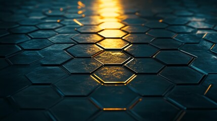 Poster - Captivating Reflection on Dark Hexagonal Tiles with a Glowing Sunset Highlighting Texture and Depth in an Abstract Setting of Modern Design Aesthetics