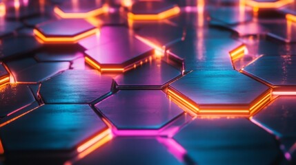 Aufkleber - Futuristic Hexagonal Pattern with Vibrant Neon Lights and Reflections on a Sleek Surface, Perfect for Technology, Gaming, or Abstract Backgrounds