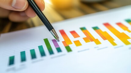 Poster - Close-up of Business Person Analyzing Colorful Bar Graphs with a Pen on a Desk, Illustrating Financial Data and Performance Metrics for Accurate Decision Making