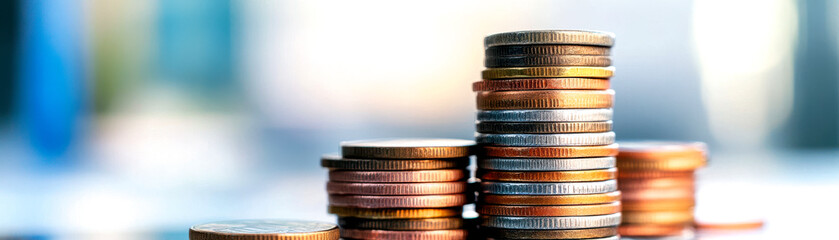 A close-up of stacked coins, highlighting their textures and colors, suggesting themes of finance, wealth, and investment.