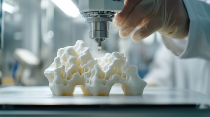 Poster - 3D printing used in medical device manufacturing bio-compatible materials being printed, clean room environment, high-tech industrial application