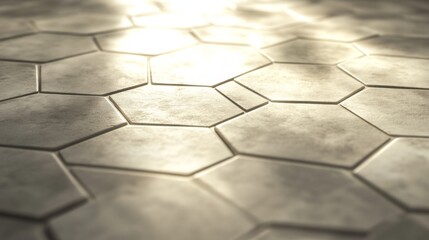 Aufkleber - Beautifully Illuminated Hexagonal Tile Pattern on a Floor Surface, Capturing Natural Light Reflection and Soft Shadows in a Minimalist Design