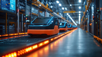 Poster - Autonomous cargo vehicles in a high-tech warehouse sleek designs, automated loading systems, vibrant digital displays, seamless industrial flow