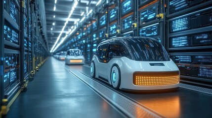 Poster - Autonomous cargo vehicles in a high-tech warehouse sleek designs, automated loading systems, vibrant digital displays, seamless industrial flow