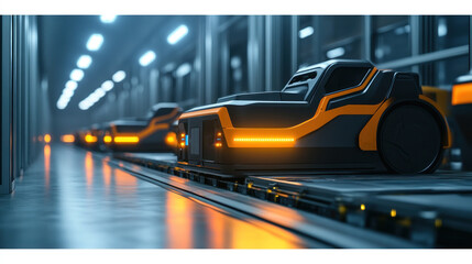 Poster - Autonomous cargo vehicles in a high-tech warehouse sleek designs, automated loading systems, vibrant digital displays, seamless industrial flow