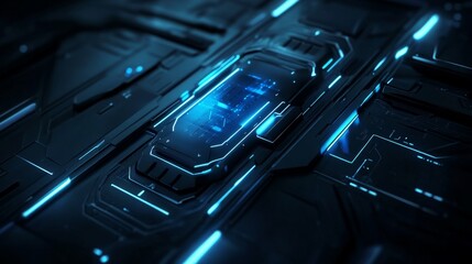 Poster - futuristic technological background featuring glowing blue lights and intricate patterns on a dark s