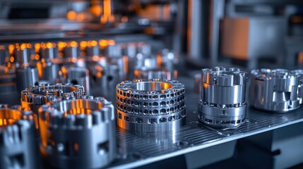 Aufkleber - Close-up of 3D printed metal tools in a factory intricate details, advanced printing technology, glowing digital screens, precise industrial work