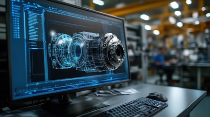 Aufkleber - Close-up of 3D modeling software on a computer screen showcasing product prototypes, vibrant industrial design process, high-tech environment