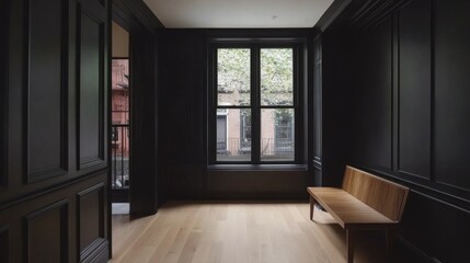Fototapete - Elegant dark interior of a modern room with wooden bench, large windows, and natural light showcasing contemporary architectural design and minimalist decor.
