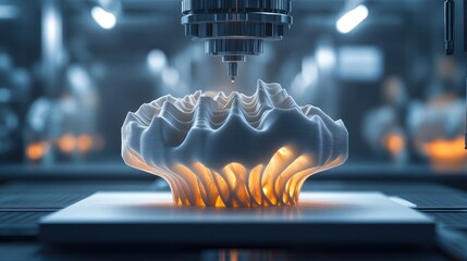Poster - Hyper-advanced 3D printing facility producing intricate structures, glowing machinery, metallic textures, futuristic industrial precision