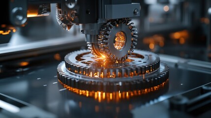 Poster - Hyper-advanced 3D printing facility producing intricate structures, glowing machinery, metallic textures, futuristic industrial precision
