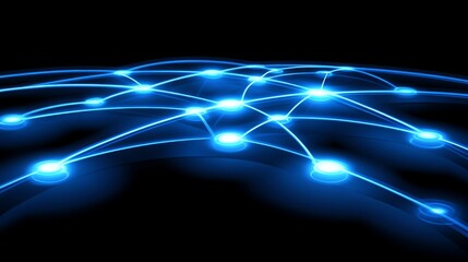 Fototapete - Abstract digital network connections with glowing blue nodes and lines representing communication pathways, data flow, and technological advancement in a dark environment