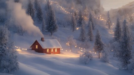Poster - A cozy red cabin nestled in a snowy mountainside, surrounded by tall, snow-covered trees. Warm light glows from the windows and smoke rises from the chimney, creating a picturesque winter scene.