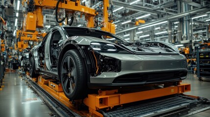 Poster - Workers in automotive repair shop diagnosing and fixing electric car engines
