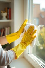 Person wearing yellow gloves cleaning a sunny window with white cloth