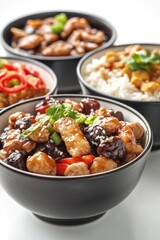 Poster - Three Asian-style food bowls filled with rice, meat, and vegetables