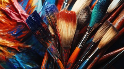 Poster - A detailed view of various paint brushes on a surface