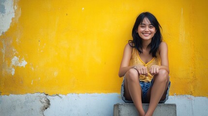 Poster - A woman sits on a cement block in front of a yellow wall, an urban setting